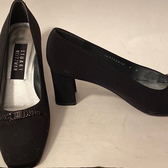 Stuart Weitzman Pump Women's 6 B Black Fabric Embellish Slip On Block Heel Spain - Picture 1 of 8
